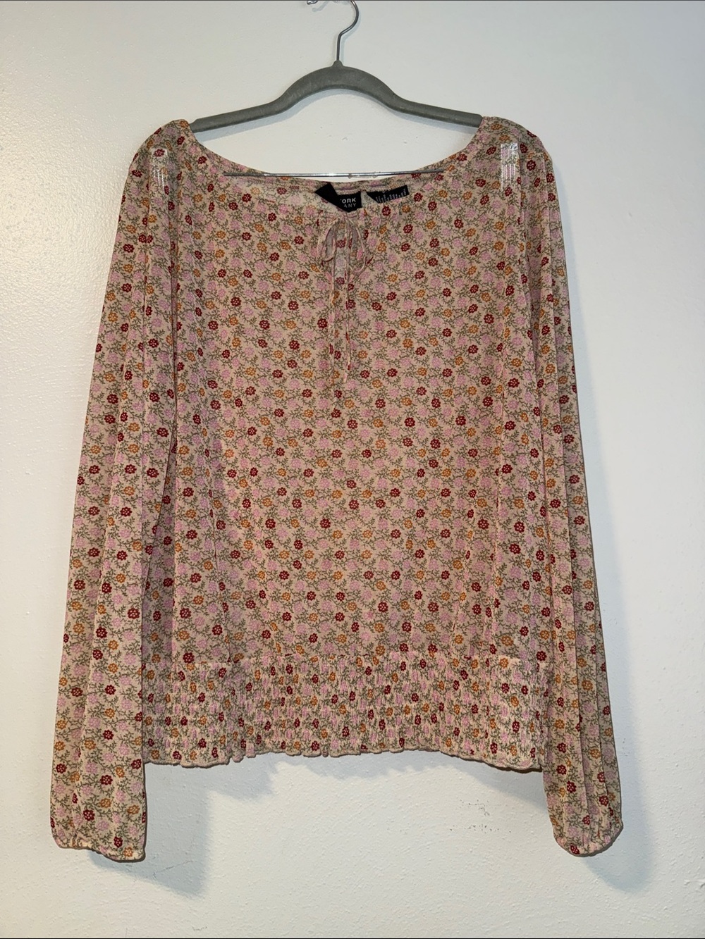 New York & Company Pink Floral Long Sleeve Peasant Top